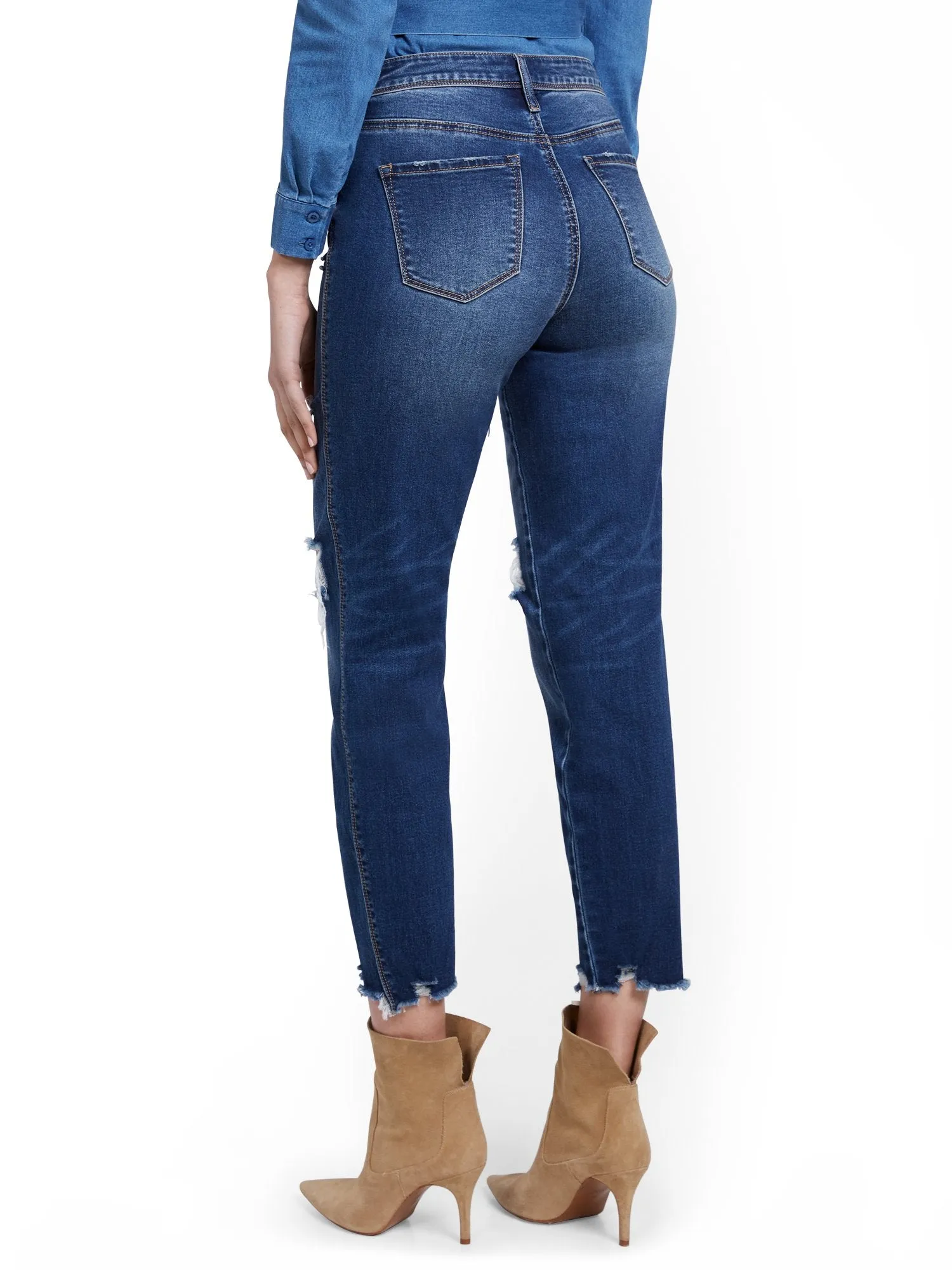 High-Waisted Distressed Dream Boyfriend Ankle Jeans - Dark Wash